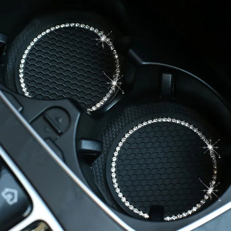 2PCSCar Non-slip Water Cup Pad Diamond Rhinestone Bling Decoration Auto Interior Cup Bottle Anti-skid Rubber Mat Car Accessories