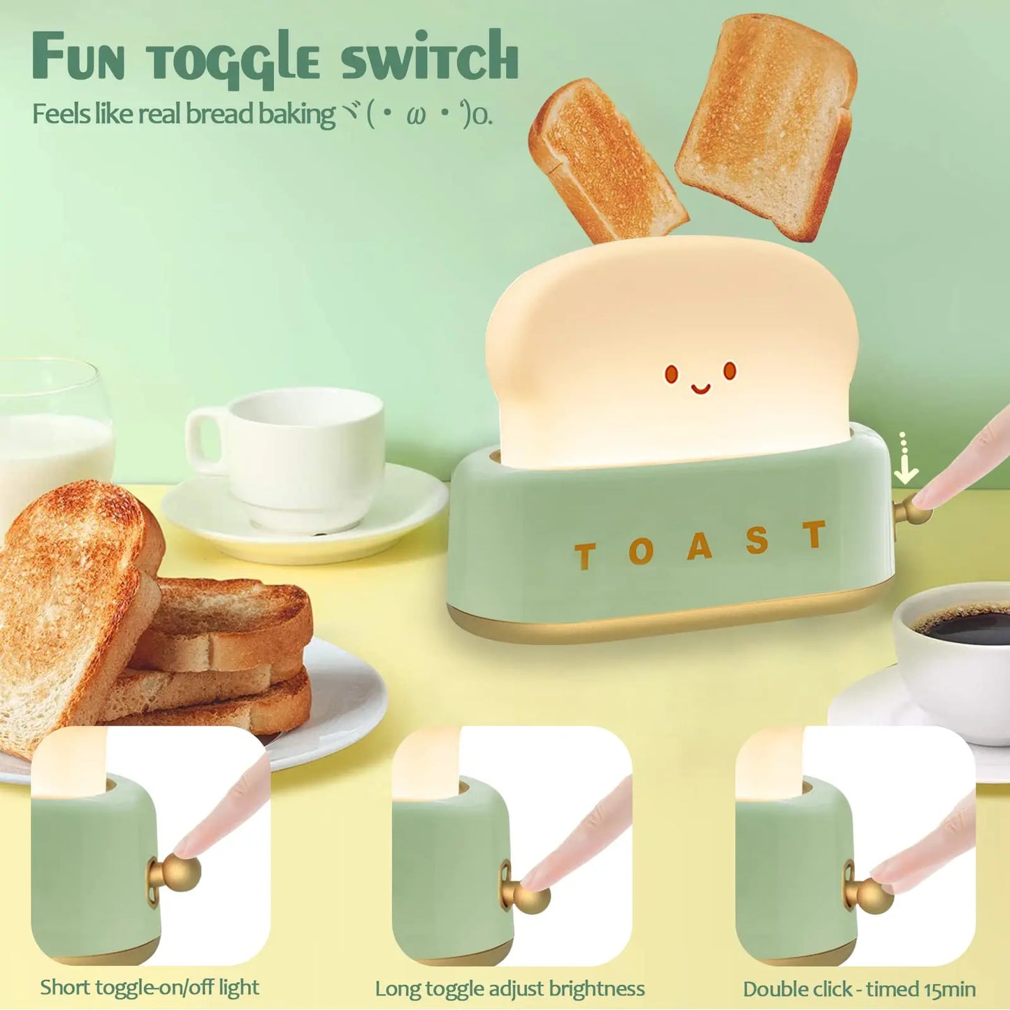 Toaster Bedside Lamp USB Rechargeable Cute Toast Bread Children's LED Night Light for Bedroom Decor Child Nightlight Kids Gift
