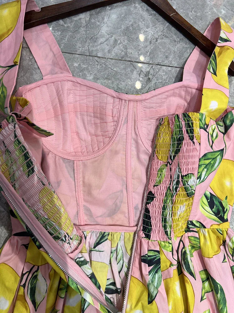 JUNLINNA 100% Cotton Lemon Printing Dress Summer Beach Holiday Spaghetti Strap Above Knee Vestidos Sweet Wear