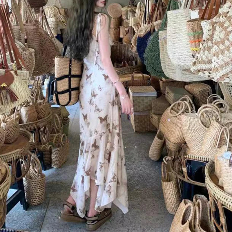 Women Irregular Butterfly Floral Kawaii Dress Hot Girl Tighten The Waist 2024 Spring Summer New Dress Vintage Elegant Dress