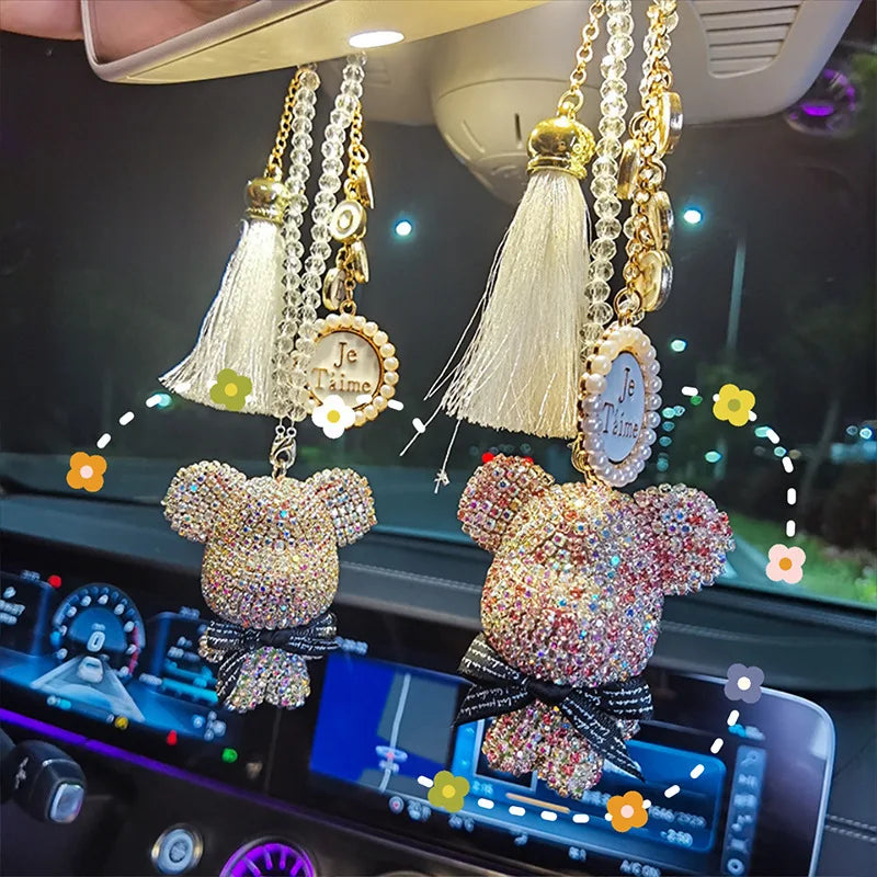 Cartoon Diamond Crystal Bow Bear Car Pendant Mirror Hanging Ornaments Bling Car Interior Decoration Women Accessories
