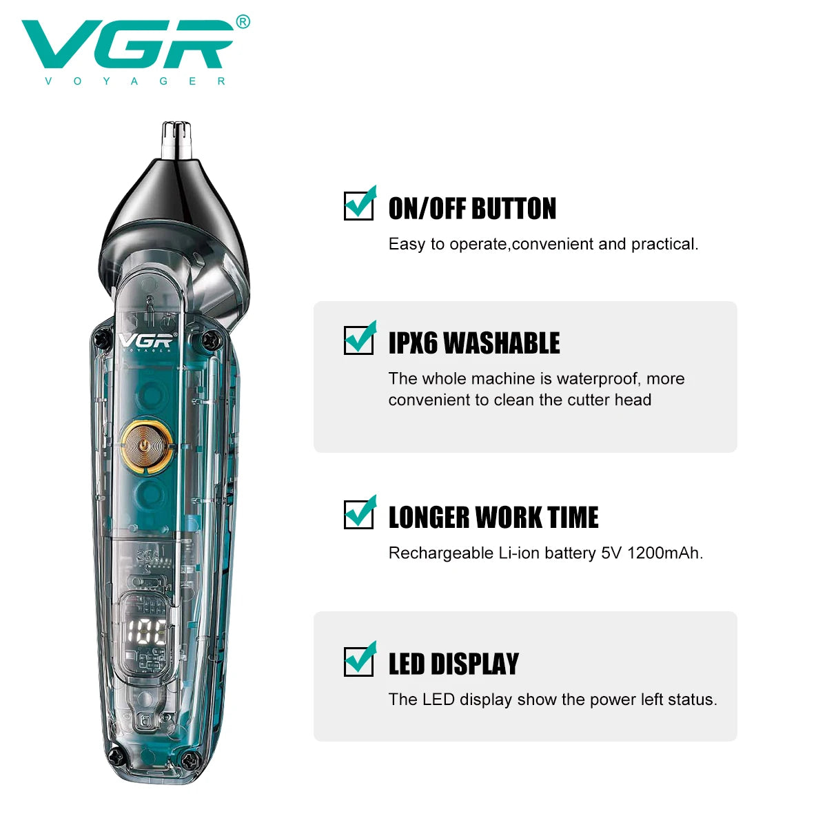 VGR Hair Clipper Professional Trimmer Rechargeable Hair Cutting Machine Cordless Haircut Machine IPX6 Hair Clippers Men V-949