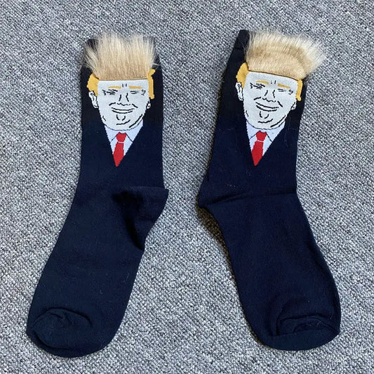 2024 New Trump Socks with Hair Spoof Funny President Donald Trump Socks Mens Compression Streetwear Hip Hop Tube Socks