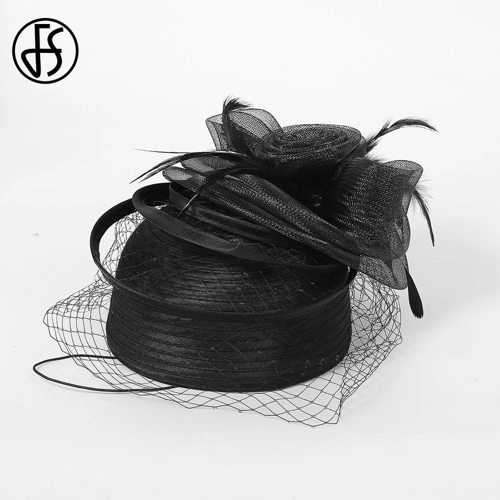 FS 2024 Wedding Church Red Hats Fascinators For Woman With Feather Veil Cocktail Party Headdress Lady Elegant Kentucky Derby Cap
